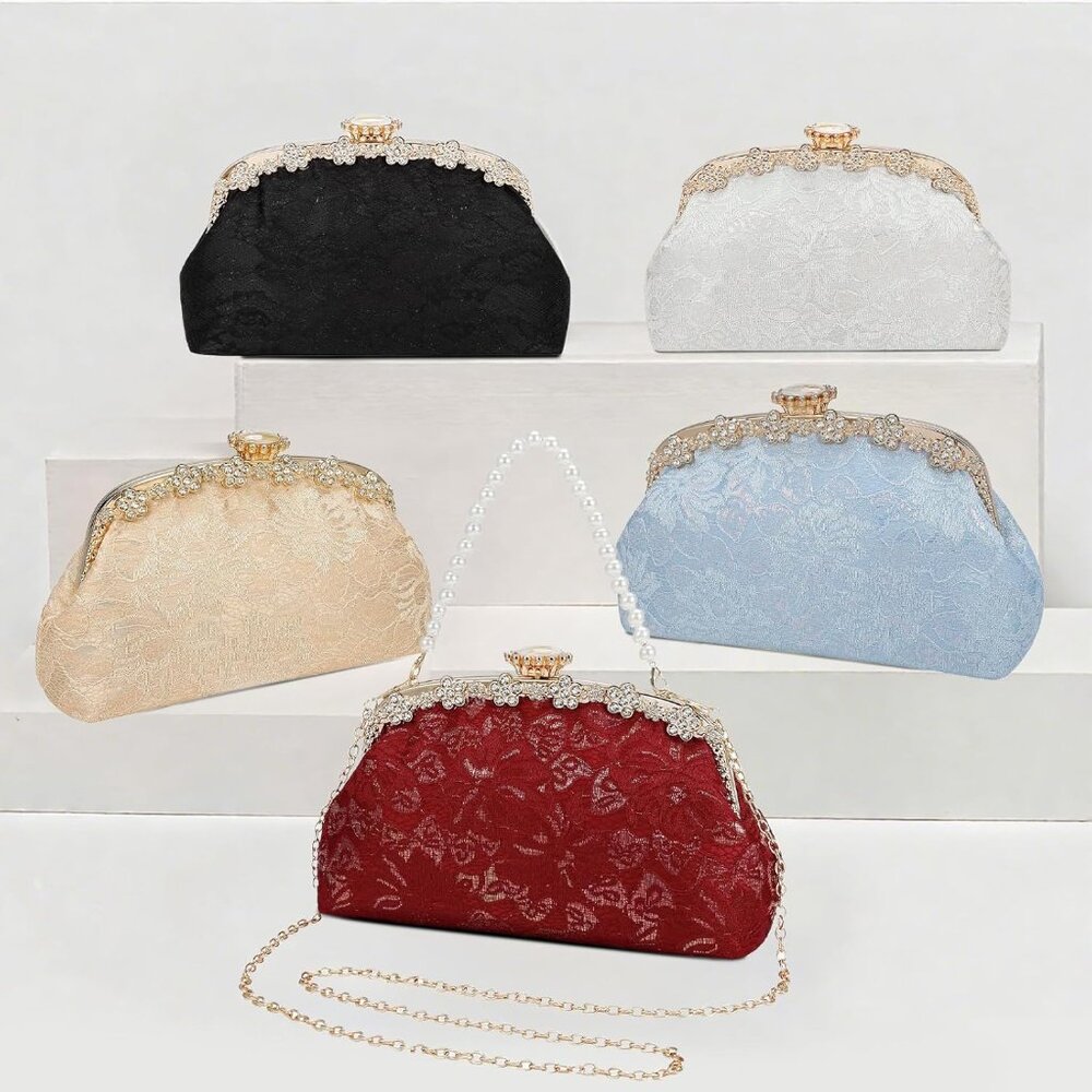 ⚡ Women's Red Fabric Lace Pearl Chain Rhinestones Shoulder Clutch Bag - Picture 8 of 9